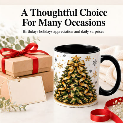 #pl[11oz|Black] Camo Christmas Tree Ceramic Mug, Gold Holiday Coffee Cup Artwork