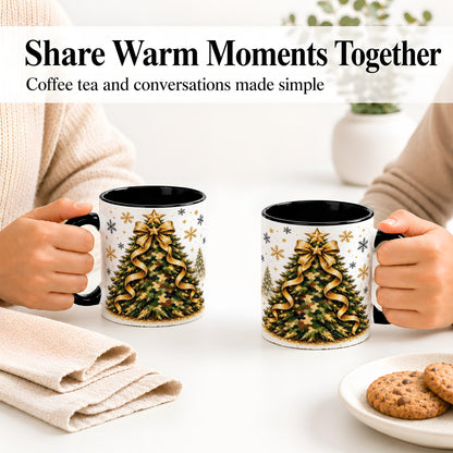 #pl[11oz|Black] Camo Christmas Tree Ceramic Mug, Gold Holiday Coffee Cup Artwork