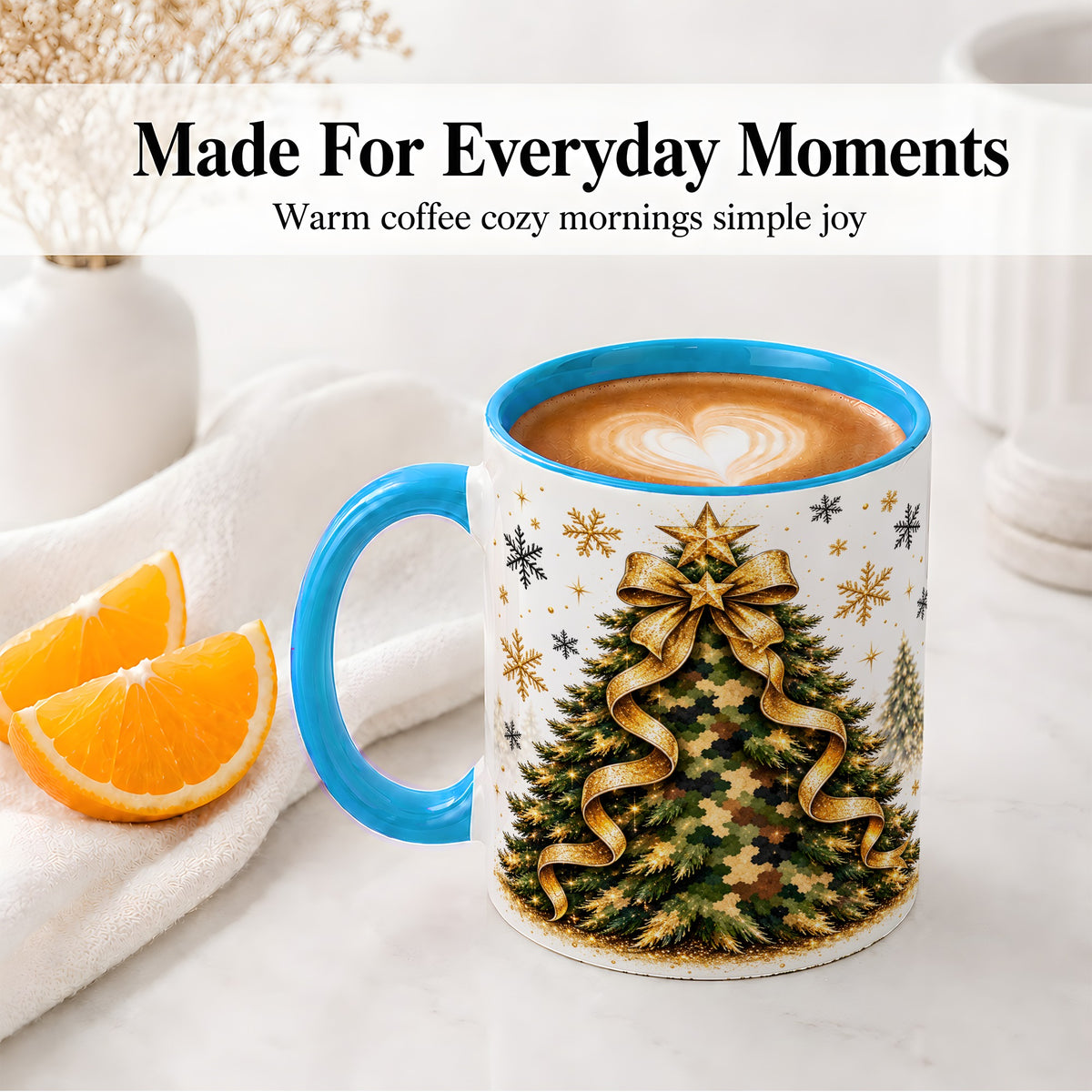 #pl[11oz|Blue] Camo Christmas Tree Ceramic Mug, Gold Holiday Coffee Cup Artwork