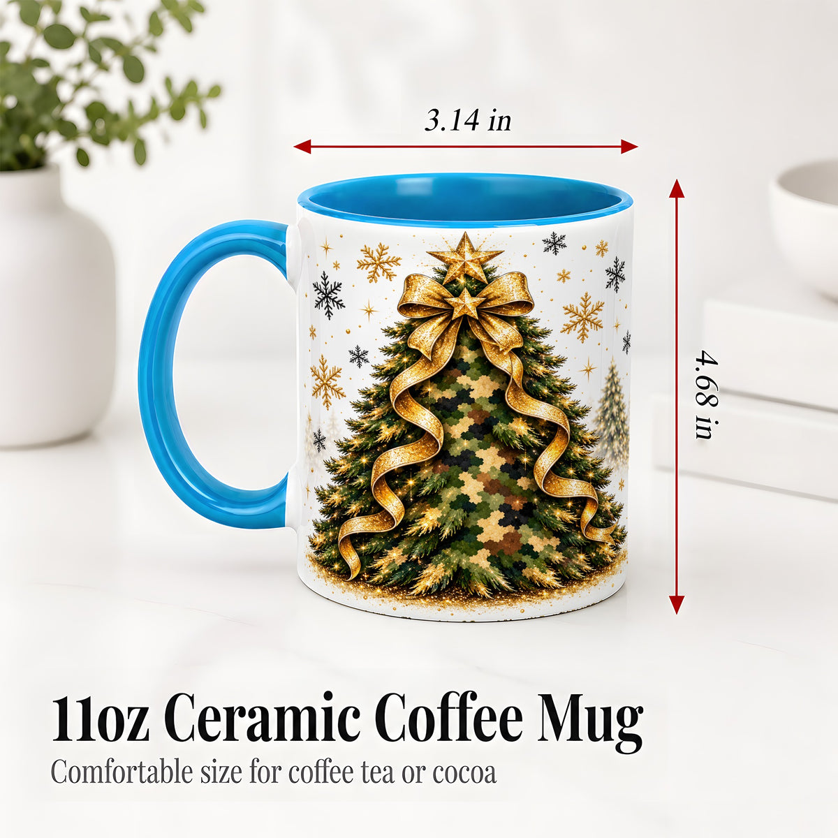 #pl[11oz|Blue] Camo Christmas Tree Ceramic Mug, Gold Holiday Coffee Cup Artwork