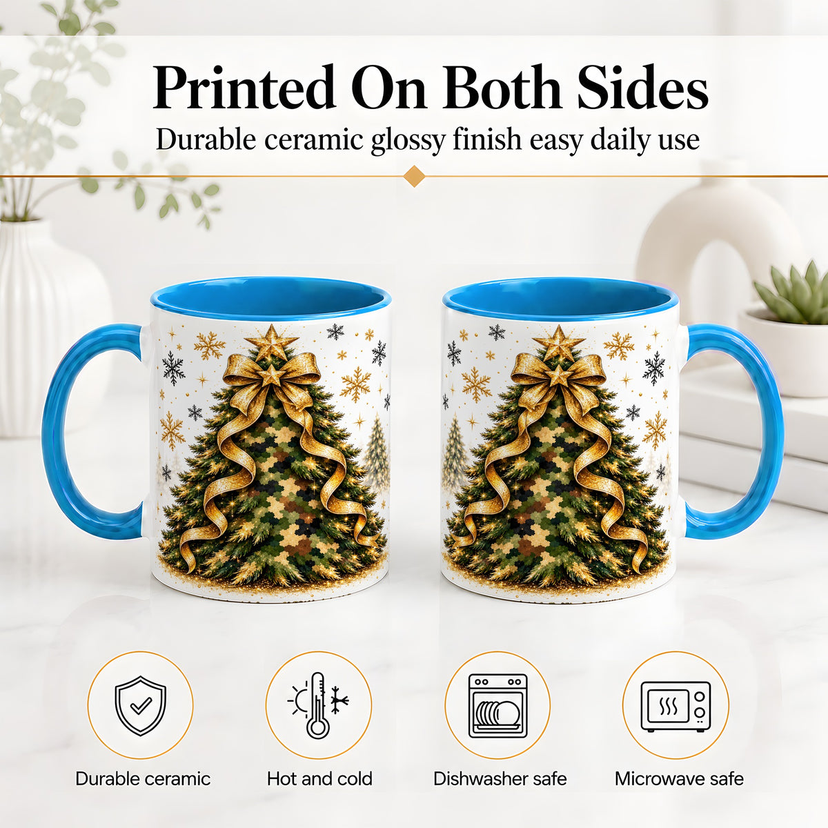 #pl[11oz|Blue] Camo Christmas Tree Ceramic Mug, Gold Holiday Coffee Cup Artwork