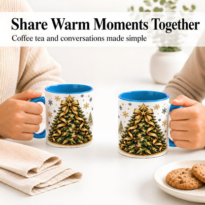 #pl[11oz|Blue] Camo Christmas Tree Ceramic Mug, Gold Holiday Coffee Cup Artwork