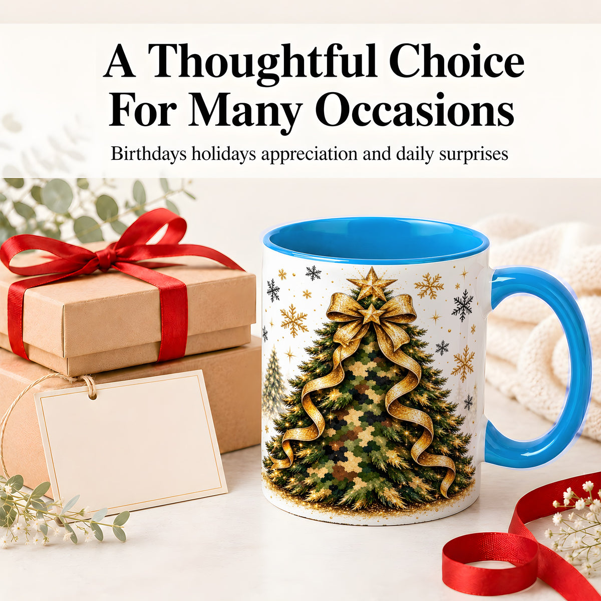 #pl[11oz|Blue] Camo Christmas Tree Ceramic Mug, Gold Holiday Coffee Cup Artwork