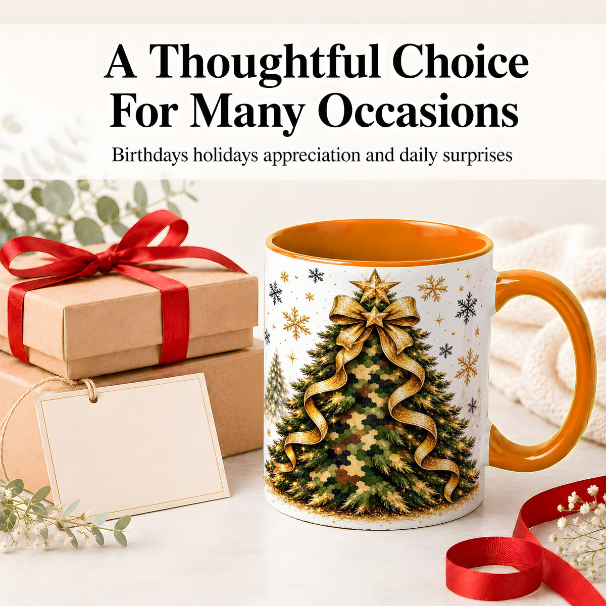 #pl[11oz|Orange] Camo Christmas Tree Ceramic Mug, Gold Holiday Coffee Cup Artwork