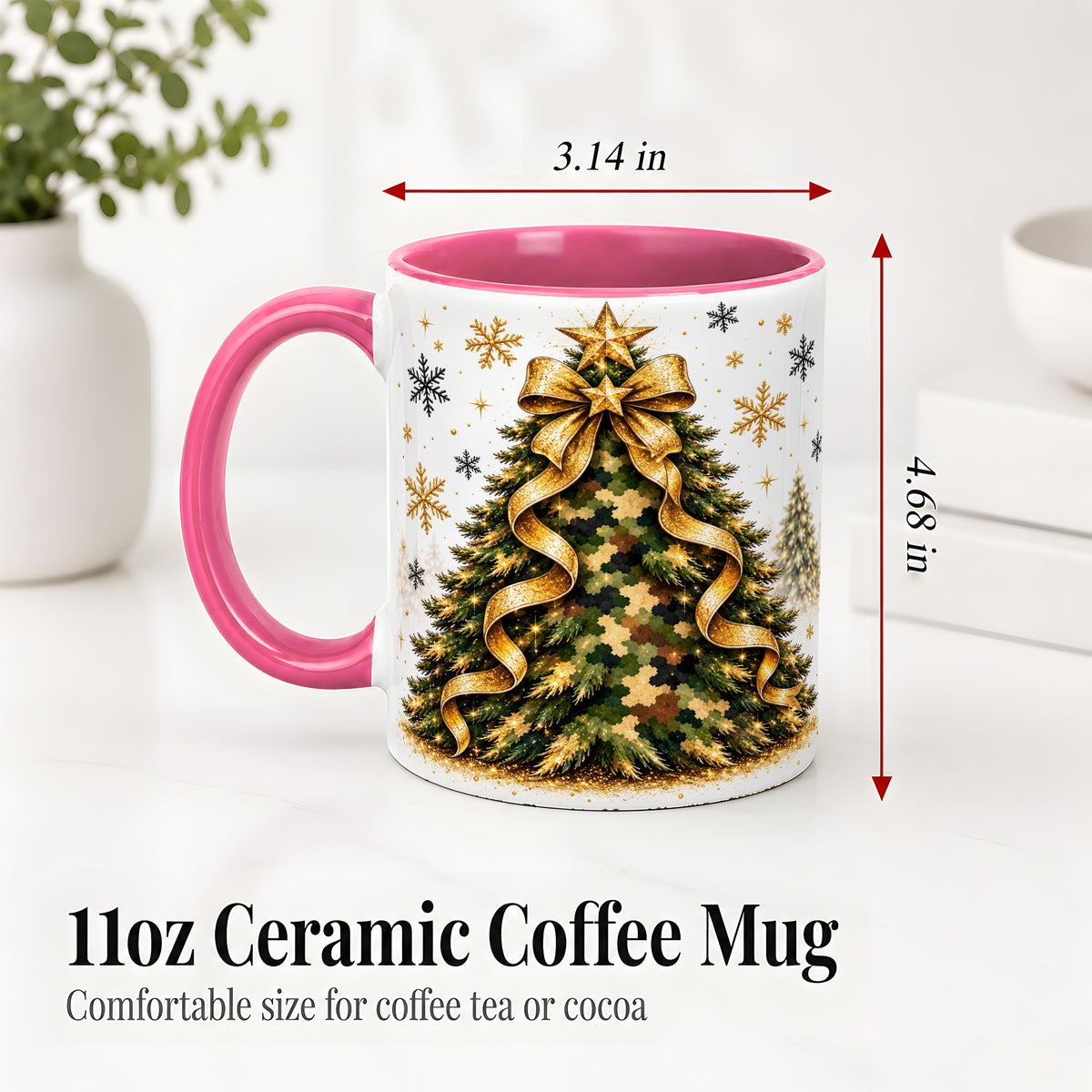 #pl[11oz|Pink] Camo Christmas Tree Ceramic Mug, Gold Holiday Coffee Cup Artwork