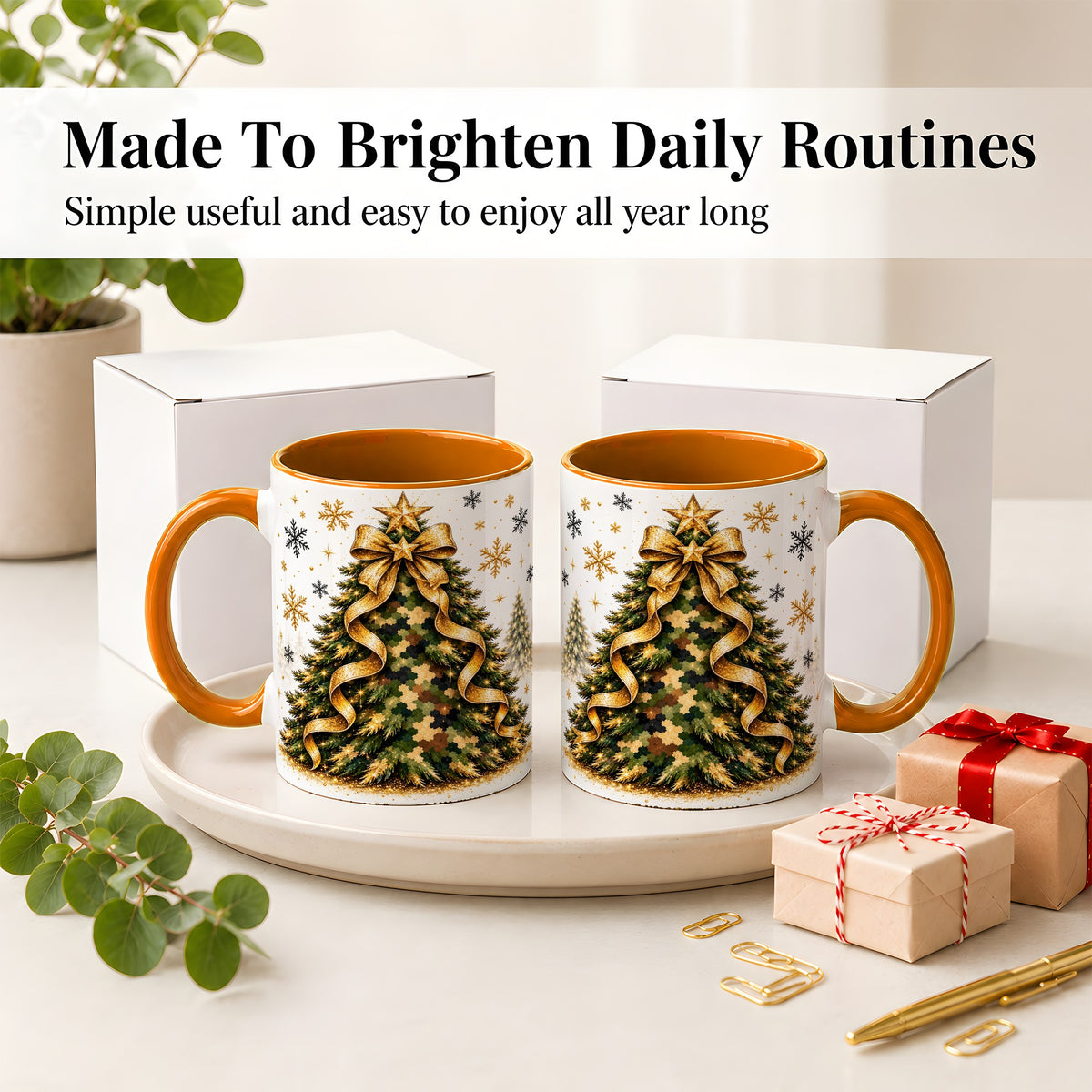 #pl[11oz|Orange] Camo Christmas Tree Ceramic Mug, Gold Holiday Coffee Cup Artwork