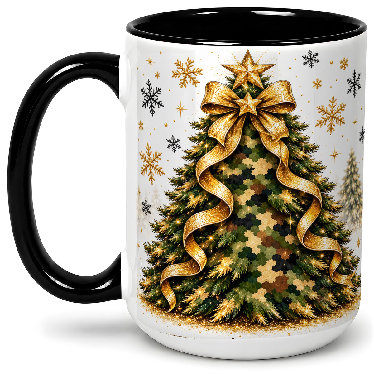 #pl[15oz|Black] Camo Christmas Tree Ceramic Mug, Gold Holiday Coffee Cup Artwork