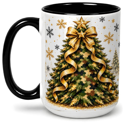 #pl[15oz|Black] Camo Christmas Tree Ceramic Mug, Gold Holiday Coffee Cup Artwork