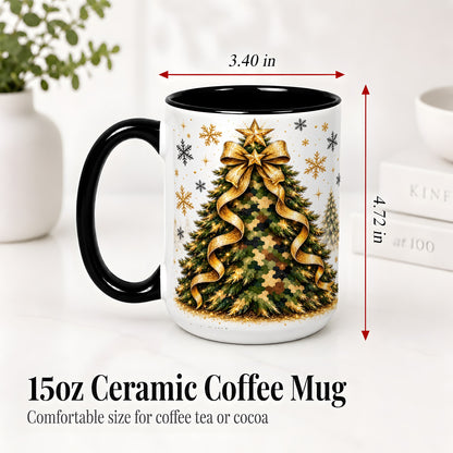 #pl[15oz|Black] Camo Christmas Tree Ceramic Mug, Gold Holiday Coffee Cup Artwork