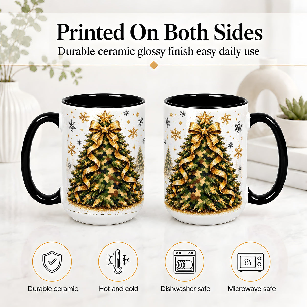 #pl[15oz|Black] Camo Christmas Tree Ceramic Mug, Gold Holiday Coffee Cup Artwork