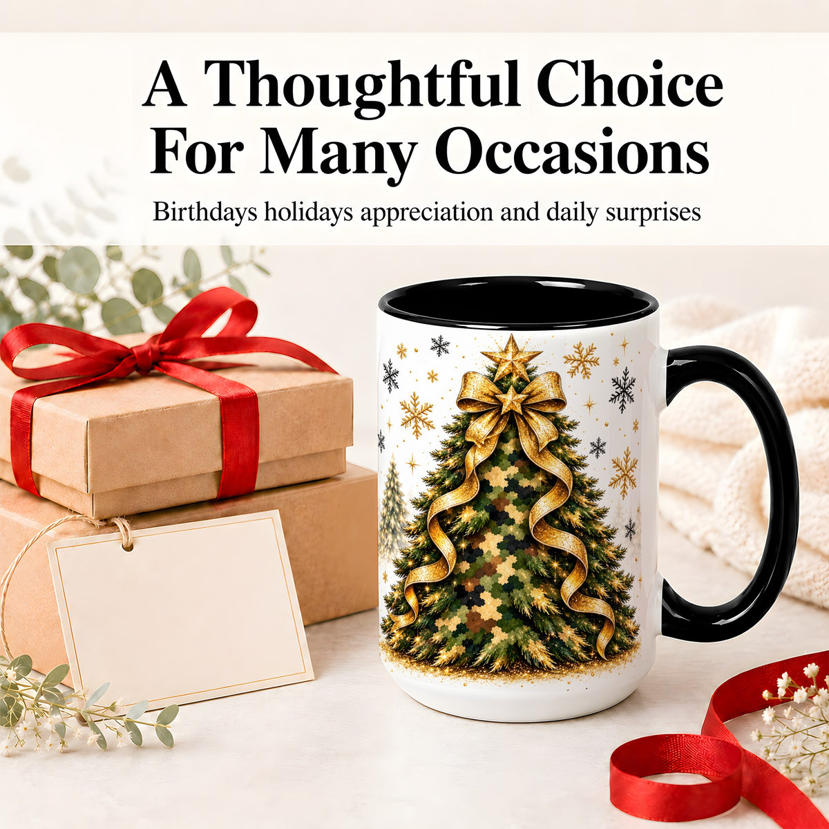 #pl[15oz|Black] Camo Christmas Tree Ceramic Mug, Gold Holiday Coffee Cup Artwork