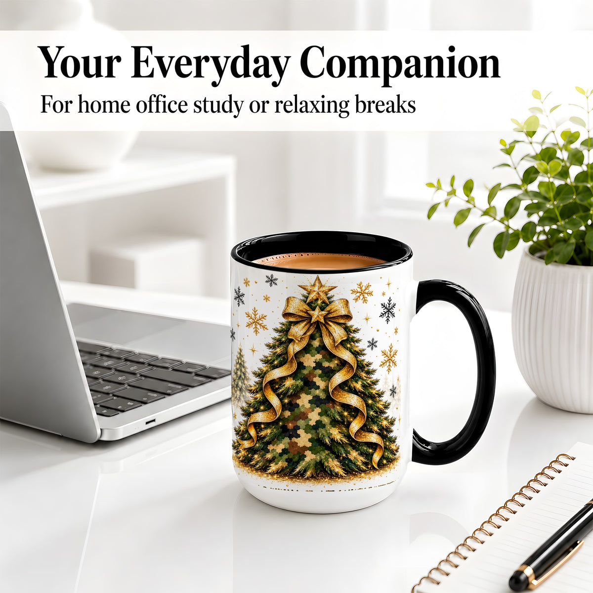 #pl[15oz|Black] Camo Christmas Tree Ceramic Mug, Gold Holiday Coffee Cup Artwork