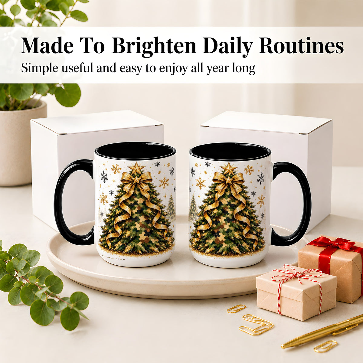 #pl[15oz|Black] Camo Christmas Tree Ceramic Mug, Gold Holiday Coffee Cup Artwork