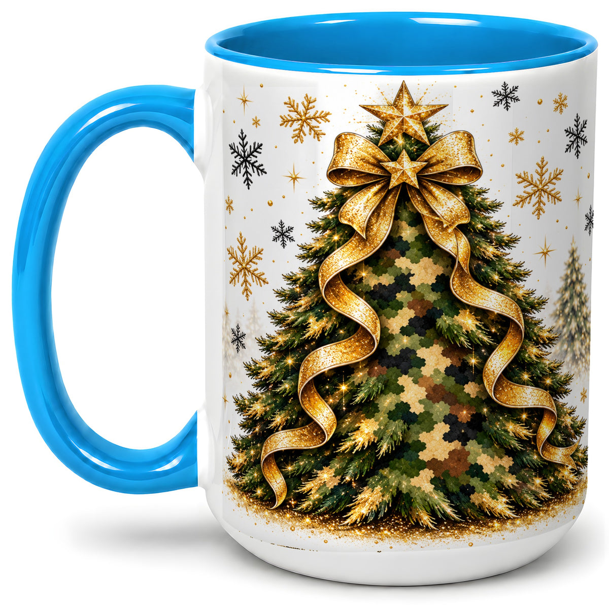 #pl[15oz|Blue] Camo Christmas Tree Ceramic Mug, Gold Holiday Coffee Cup Artwork