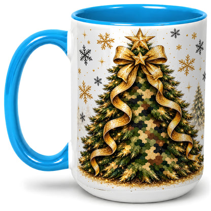 #pl[15oz|Blue] Camo Christmas Tree Ceramic Mug, Gold Holiday Coffee Cup Artwork