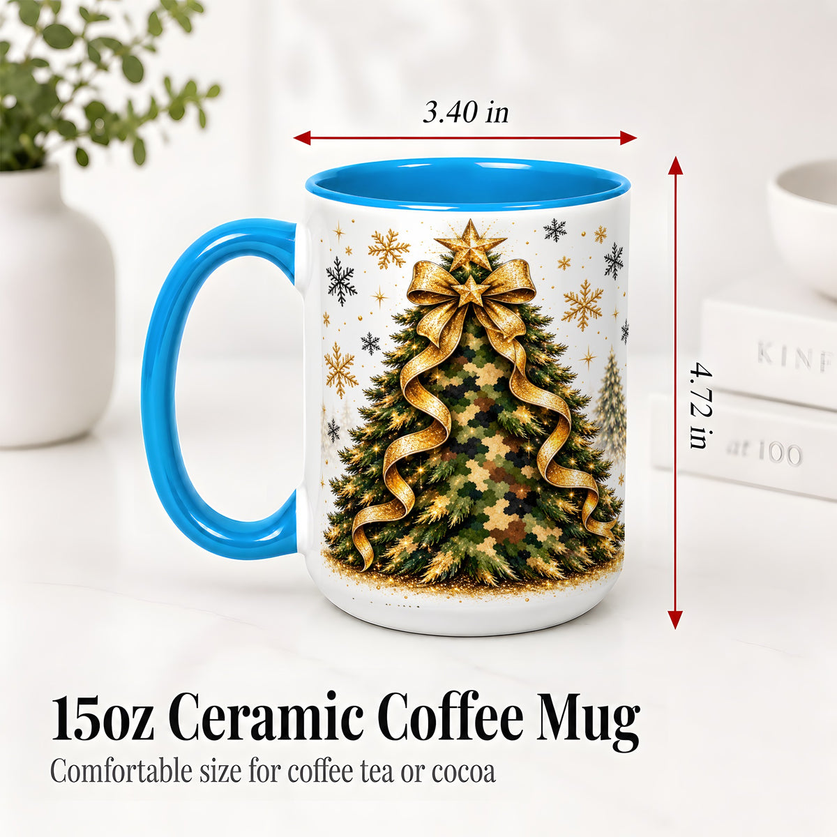 #pl[15oz|Blue] Camo Christmas Tree Ceramic Mug, Gold Holiday Coffee Cup Artwork