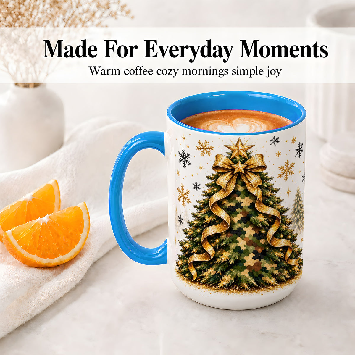#pl[15oz|Blue] Camo Christmas Tree Ceramic Mug, Gold Holiday Coffee Cup Artwork