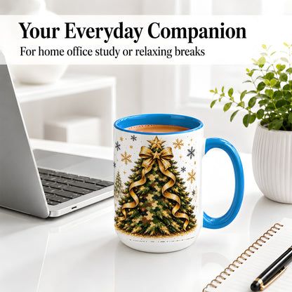 #pl[15oz|Blue] Camo Christmas Tree Ceramic Mug, Gold Holiday Coffee Cup Artwork