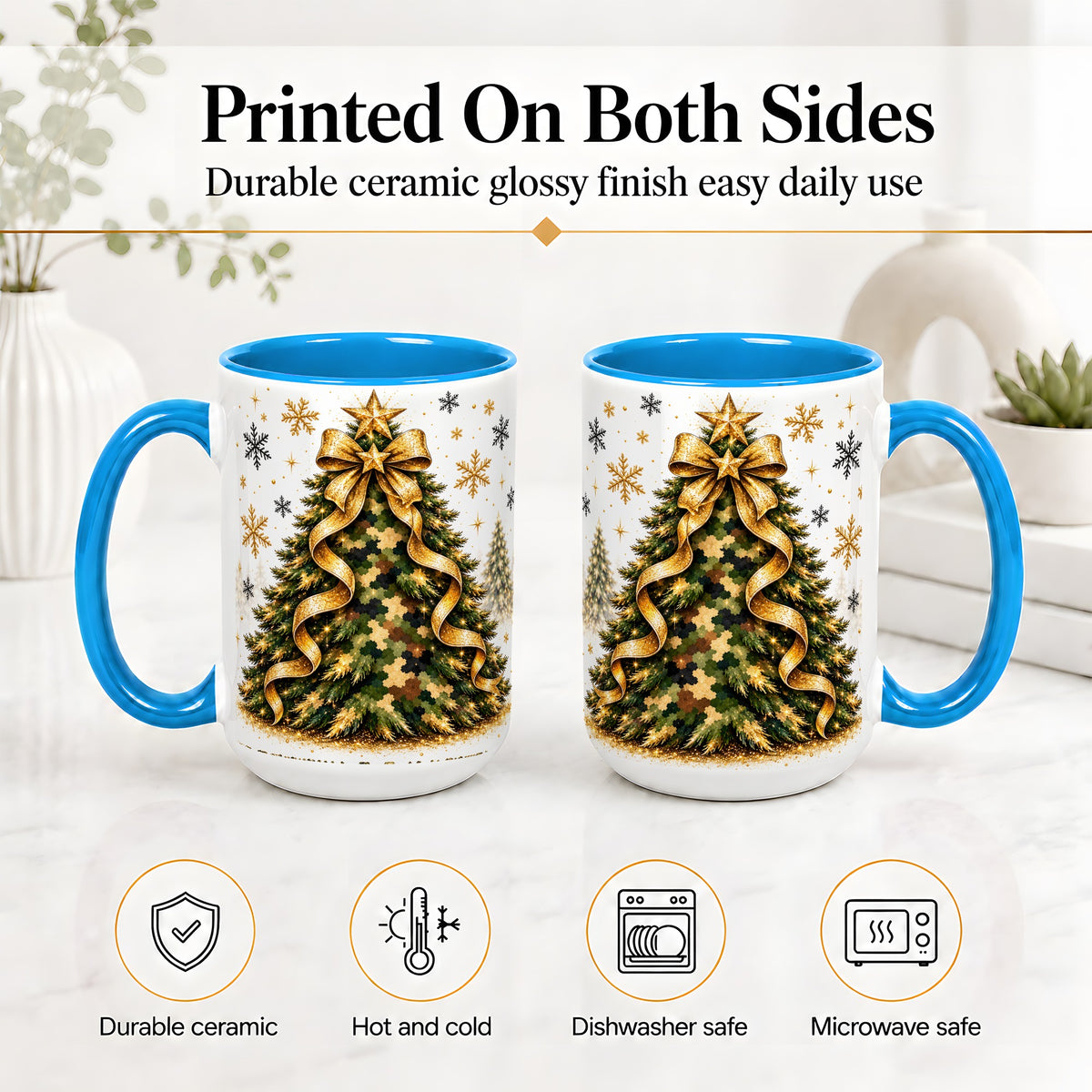 #pl[15oz|Blue] Camo Christmas Tree Ceramic Mug, Gold Holiday Coffee Cup Artwork