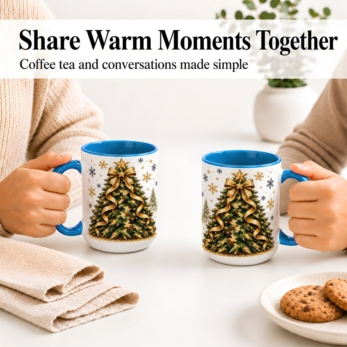 #pl[15oz|Blue] Camo Christmas Tree Ceramic Mug, Gold Holiday Coffee Cup Artwork