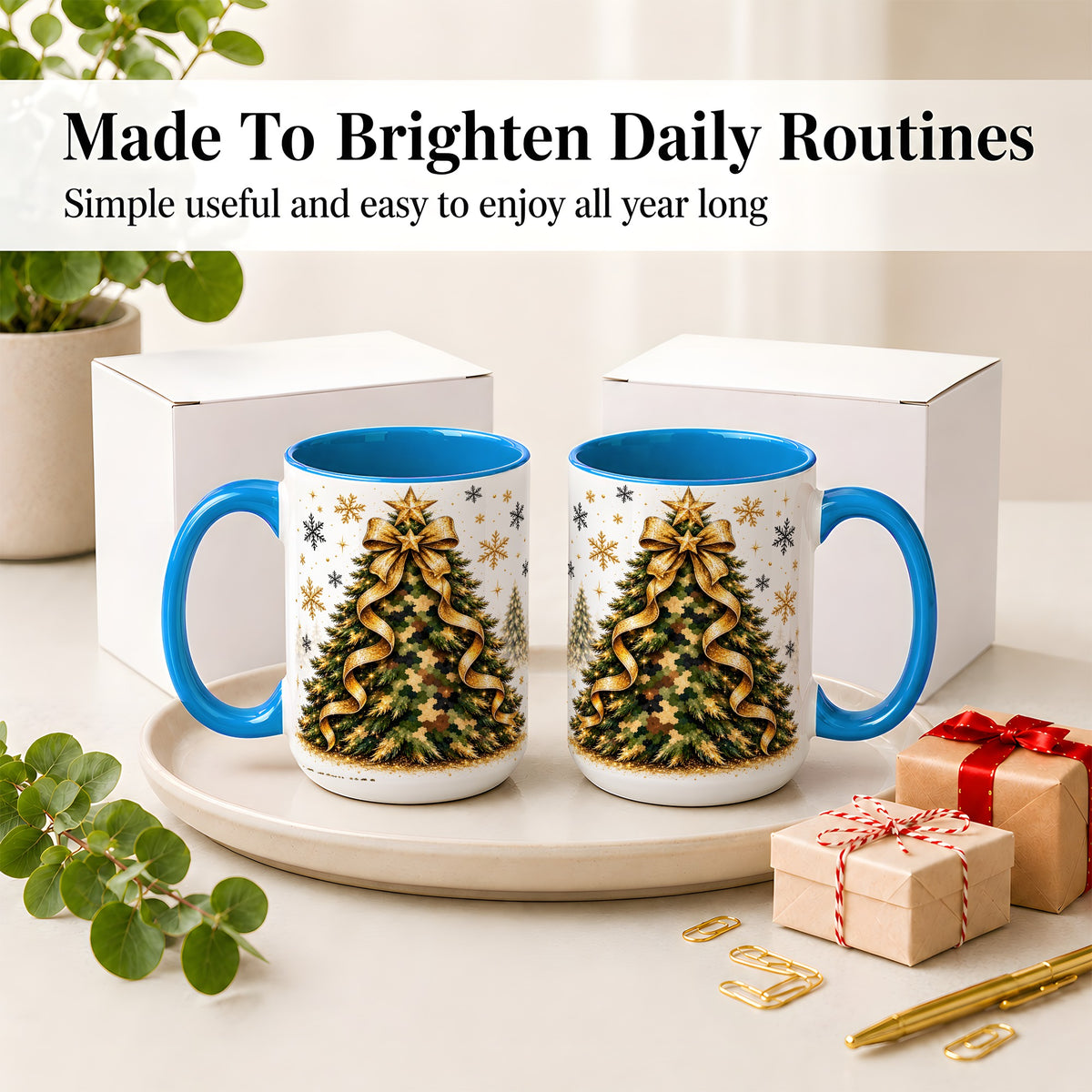 #pl[15oz|Blue] Camo Christmas Tree Ceramic Mug, Gold Holiday Coffee Cup Artwork