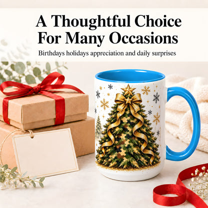 #pl[15oz|Blue] Camo Christmas Tree Ceramic Mug, Gold Holiday Coffee Cup Artwork