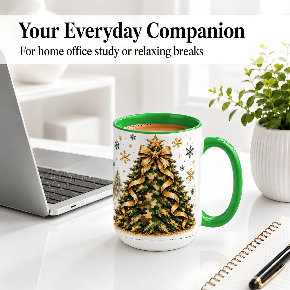 #pl[15oz|Green] Camo Christmas Tree Ceramic Mug, Gold Holiday Coffee Cup Artwork