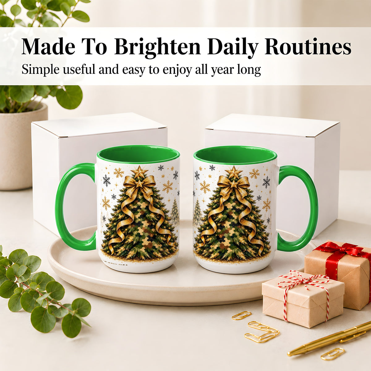 #pl[15oz|Green] Camo Christmas Tree Ceramic Mug, Gold Holiday Coffee Cup Artwork