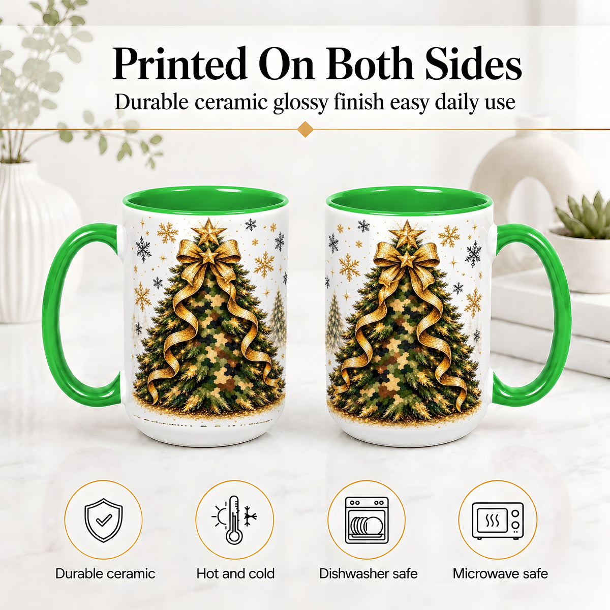 #pl[15oz|Green] Camo Christmas Tree Ceramic Mug, Gold Holiday Coffee Cup Artwork