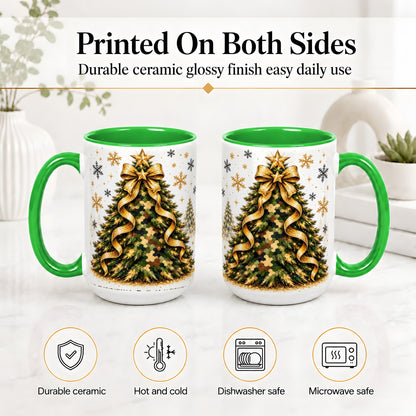 #pl[15oz|Green] Camo Christmas Tree Ceramic Mug, Gold Holiday Coffee Cup Artwork