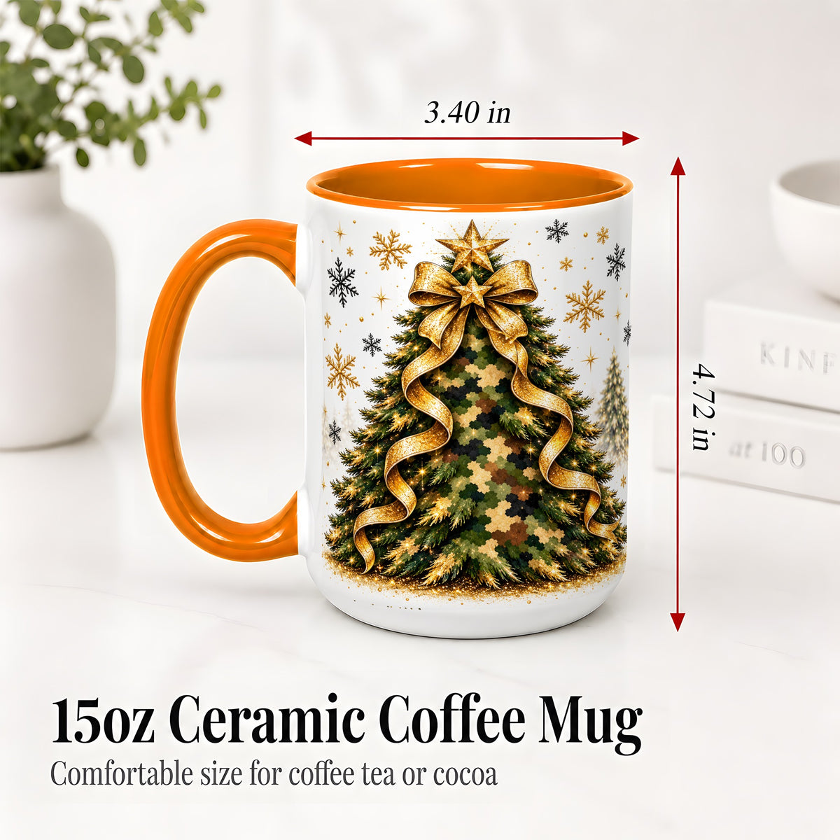 #pl[15oz|Orange] Camo Christmas Tree Ceramic Mug, Gold Holiday Coffee Cup Artwork