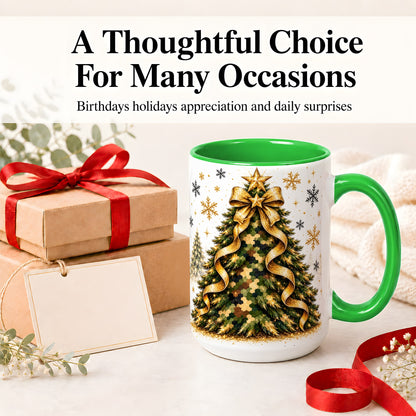 #pl[15oz|Green] Camo Christmas Tree Ceramic Mug, Gold Holiday Coffee Cup Artwork
