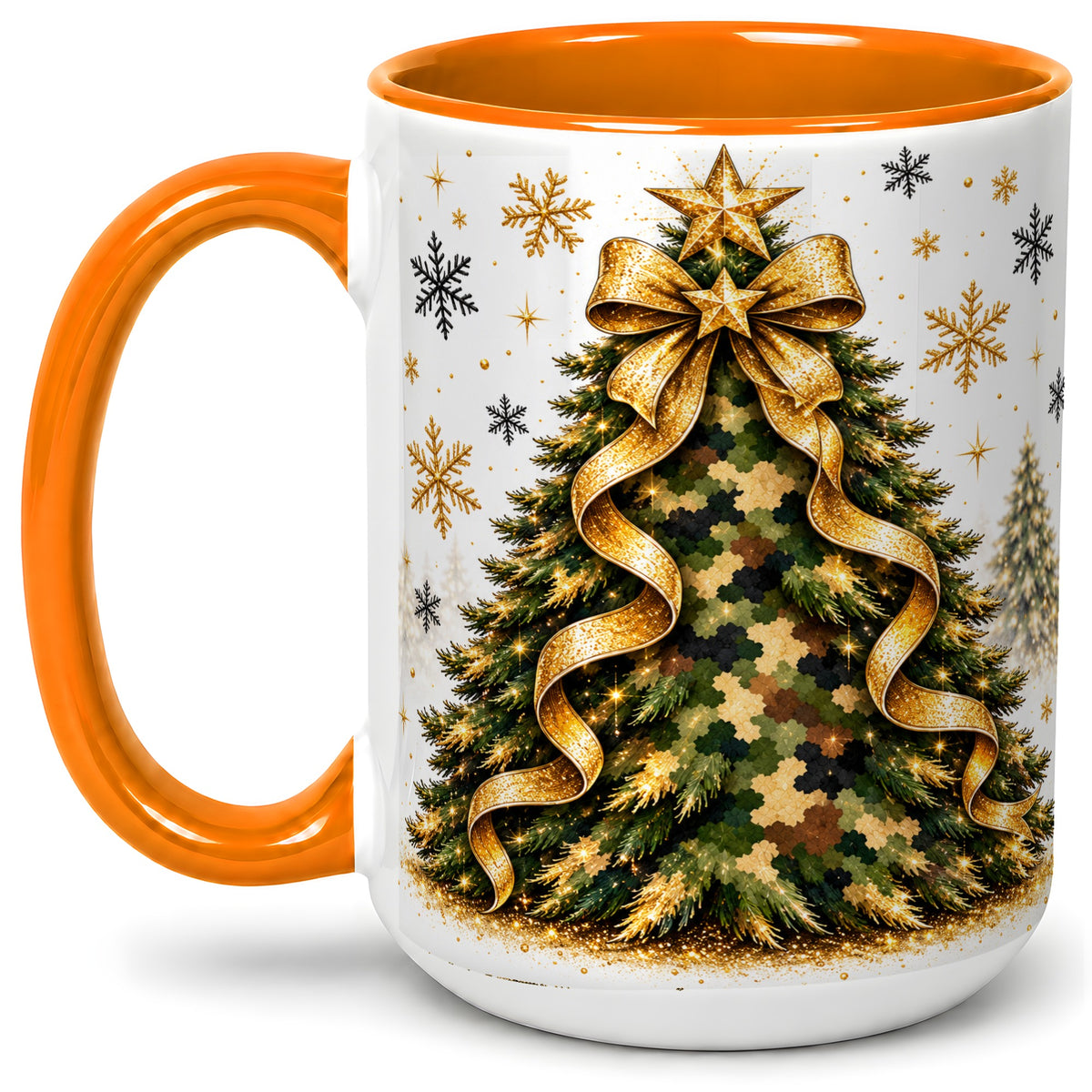 #pl[15oz|Orange] Camo Christmas Tree Ceramic Mug, Gold Holiday Coffee Cup Artwork
