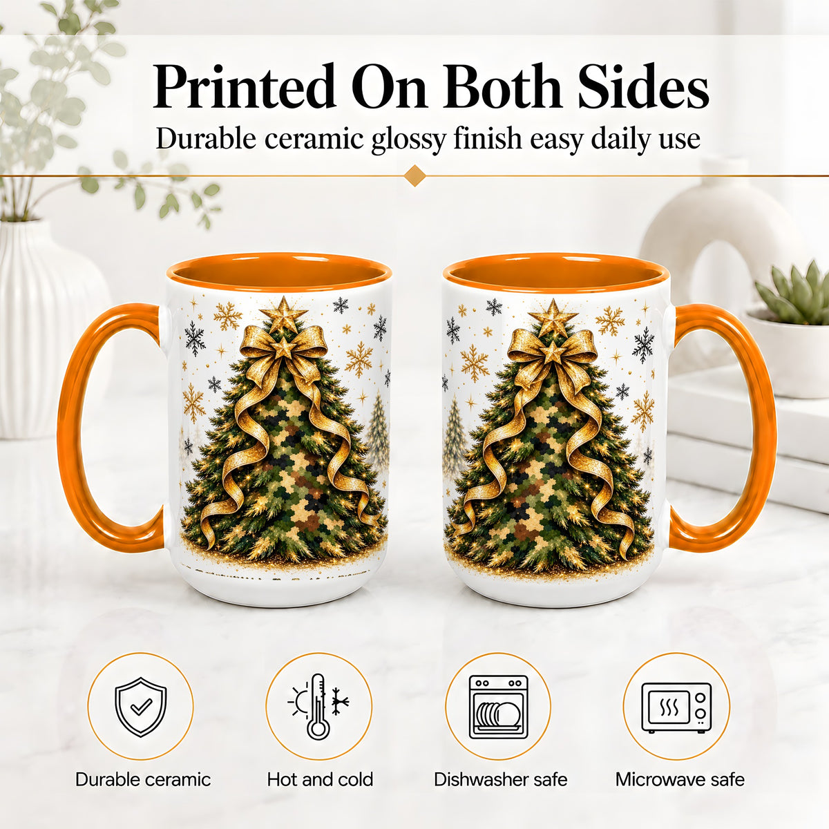 #pl[15oz|Orange] Camo Christmas Tree Ceramic Mug, Gold Holiday Coffee Cup Artwork