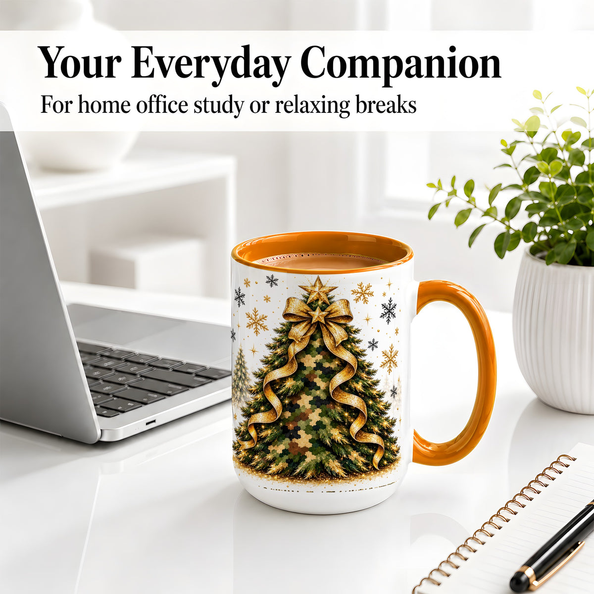 #pl[15oz|Orange] Camo Christmas Tree Ceramic Mug, Gold Holiday Coffee Cup Artwork