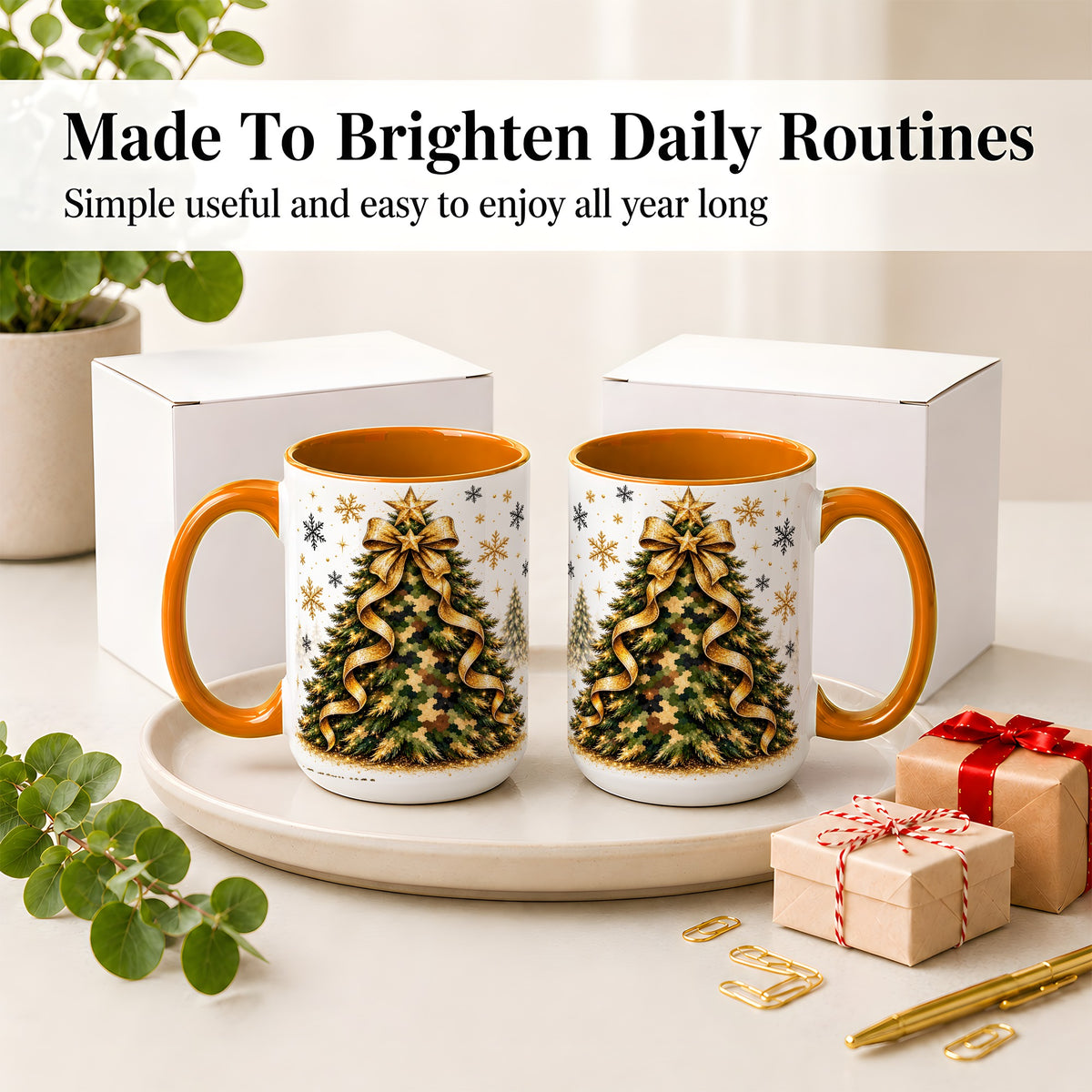 #pl[15oz|Orange] Camo Christmas Tree Ceramic Mug, Gold Holiday Coffee Cup Artwork