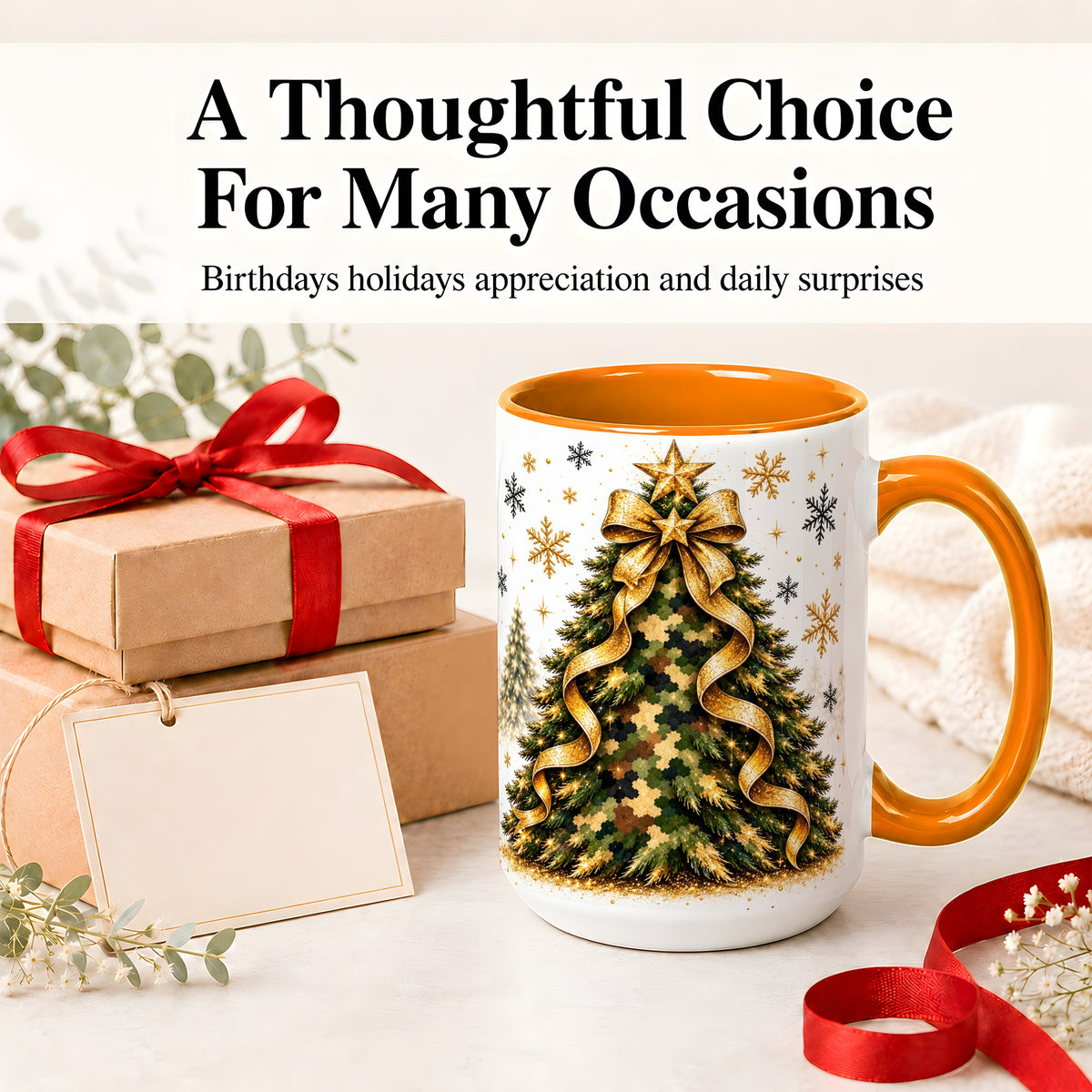 #pl[15oz|Orange] Camo Christmas Tree Ceramic Mug, Gold Holiday Coffee Cup Artwork