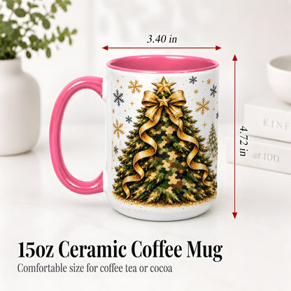 #pl[15oz|Pink] Camo Christmas Tree Ceramic Mug, Gold Holiday Coffee Cup Artwork