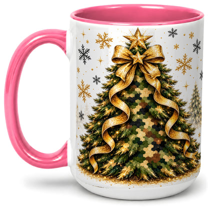 #pl[15oz|Pink] Camo Christmas Tree Ceramic Mug, Gold Holiday Coffee Cup Artwork