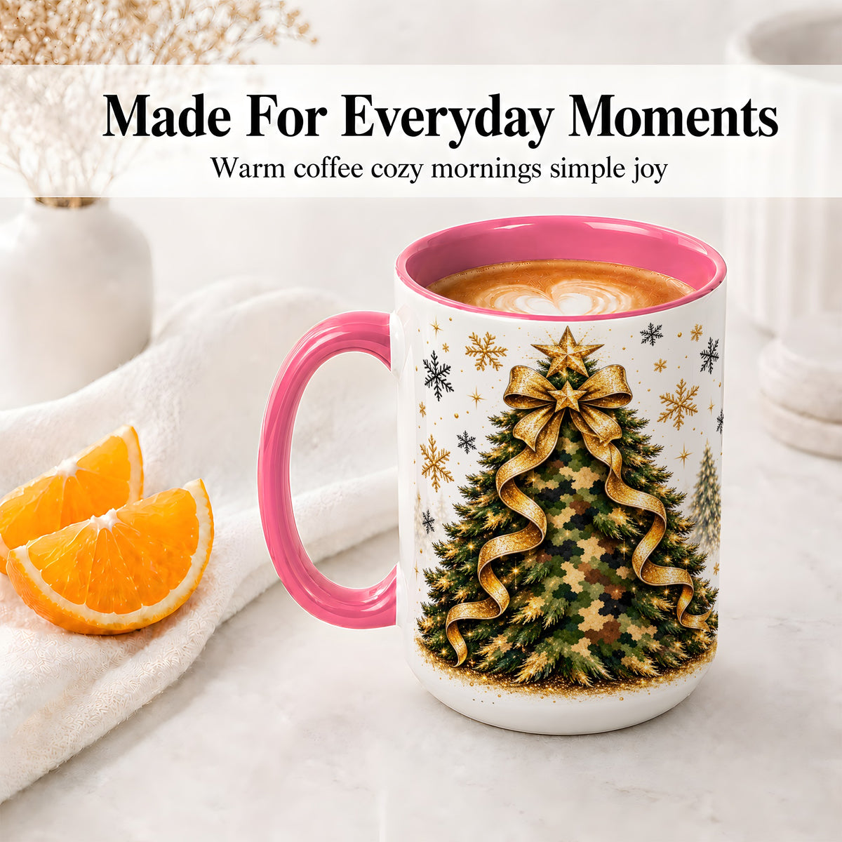 #pl[15oz|Pink] Camo Christmas Tree Ceramic Mug, Gold Holiday Coffee Cup Artwork