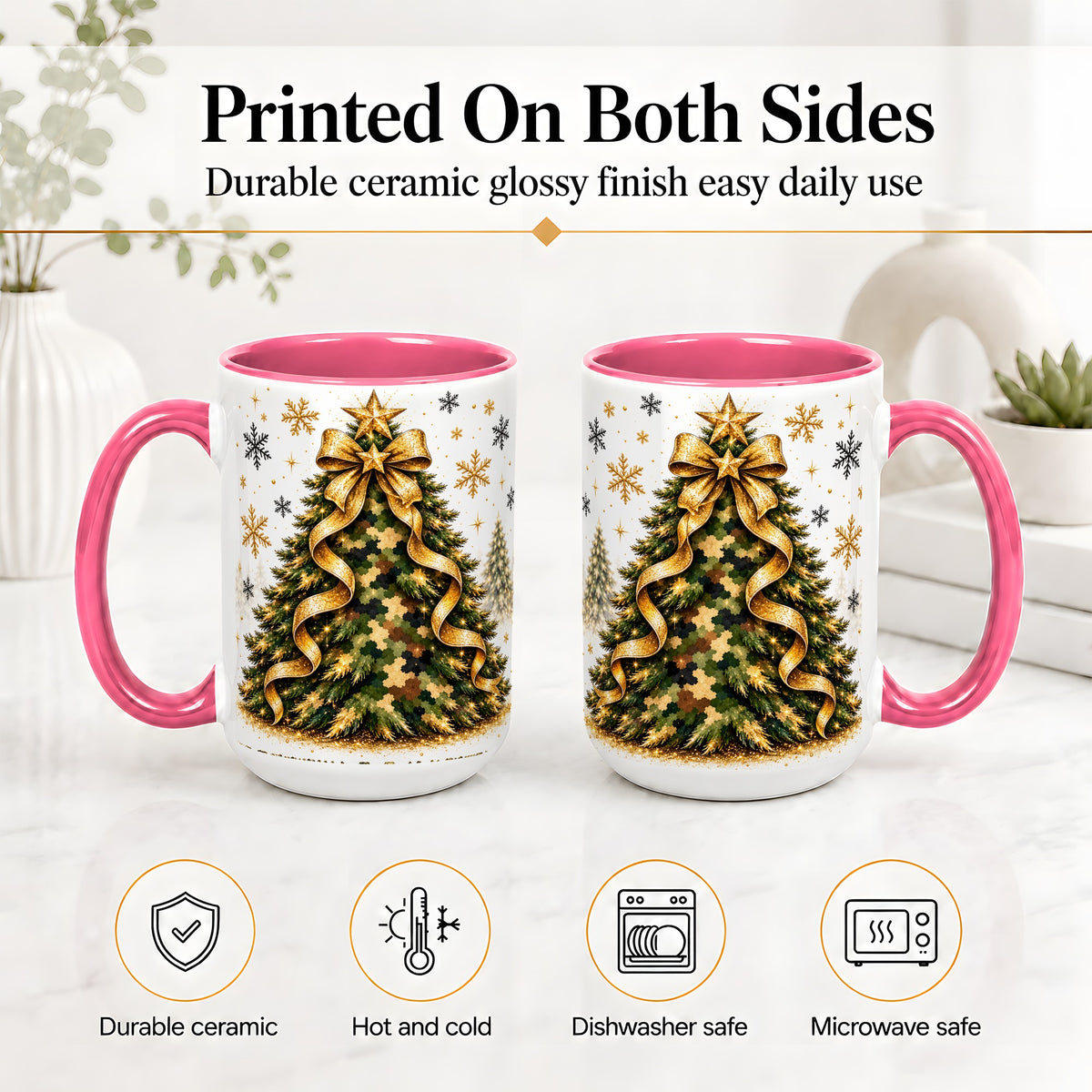 #pl[15oz|Pink] Camo Christmas Tree Ceramic Mug, Gold Holiday Coffee Cup Artwork