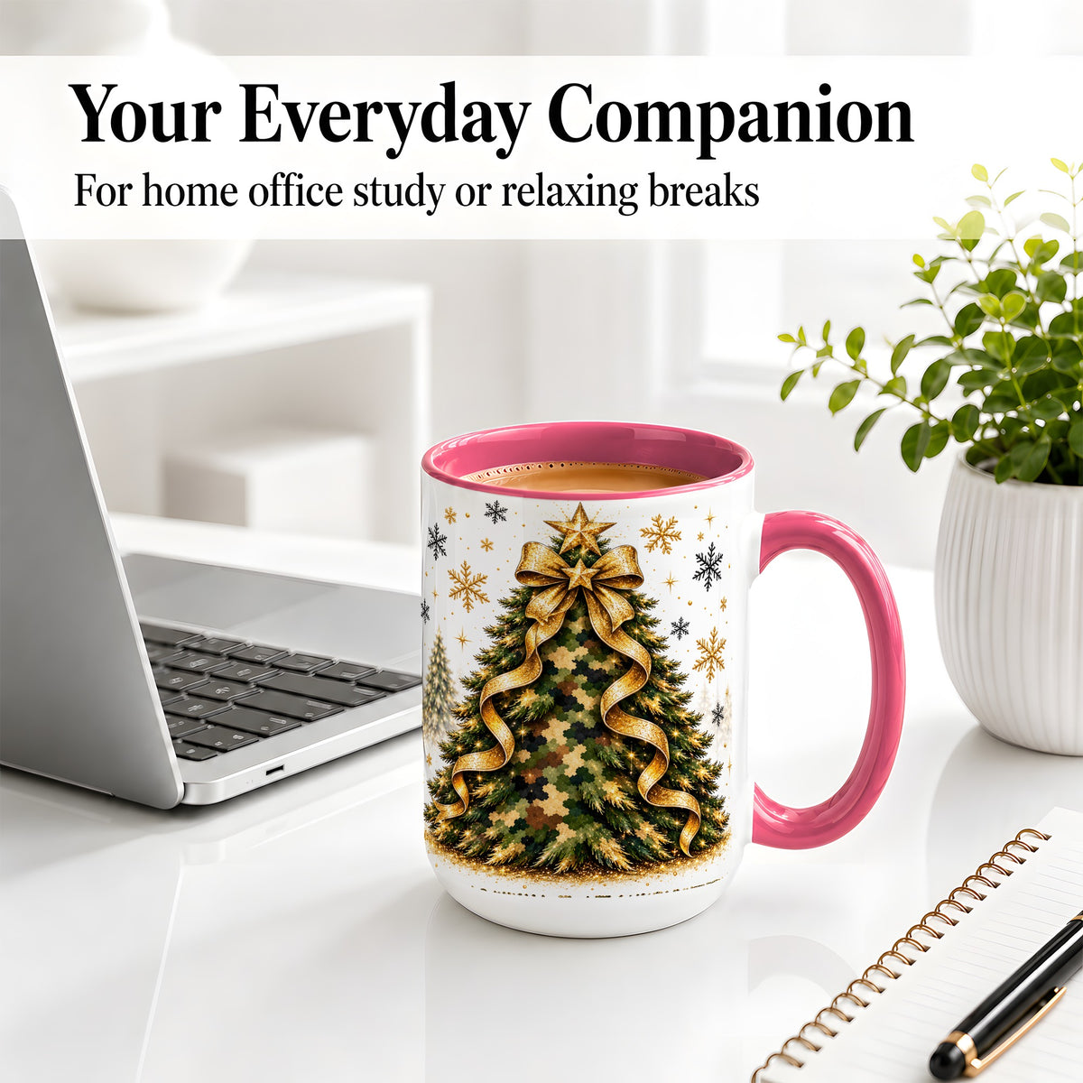 #pl[15oz|Pink] Camo Christmas Tree Ceramic Mug, Gold Holiday Coffee Cup Artwork
