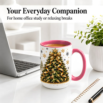 #pl[15oz|Pink] Camo Christmas Tree Ceramic Mug, Gold Holiday Coffee Cup Artwork