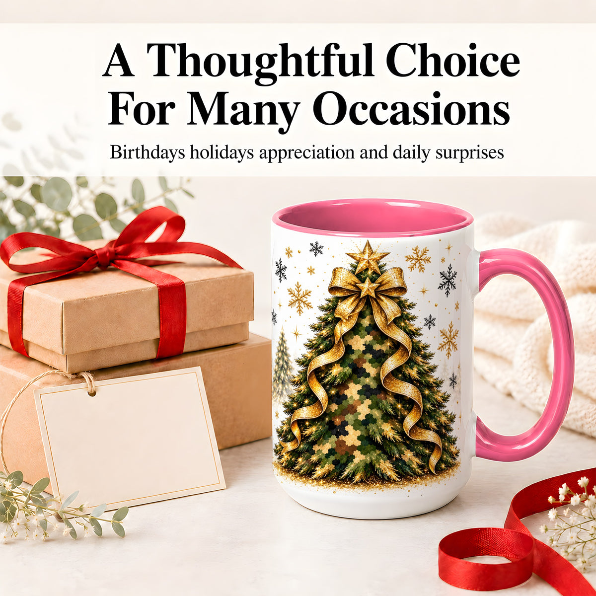#pl[15oz|Pink] Camo Christmas Tree Ceramic Mug, Gold Holiday Coffee Cup Artwork