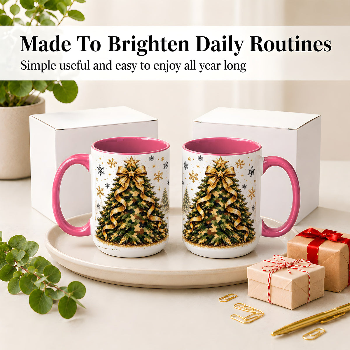 #pl[15oz|Pink] Camo Christmas Tree Ceramic Mug, Gold Holiday Coffee Cup Artwork