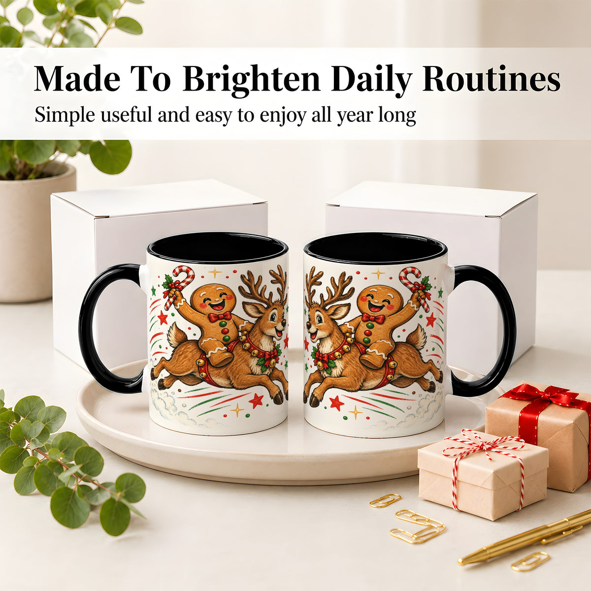 #pl[11oz|Black] Christmas Gingerbread Reindeer Ceramic Mug, Festive Holiday Art
