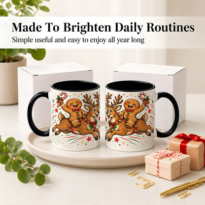 #pl[11oz|Black] Christmas Gingerbread Reindeer Ceramic Mug, Festive Holiday Art