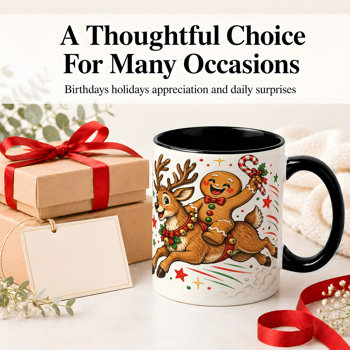 #pl[11oz|Black] Christmas Gingerbread Reindeer Ceramic Mug, Festive Holiday Art