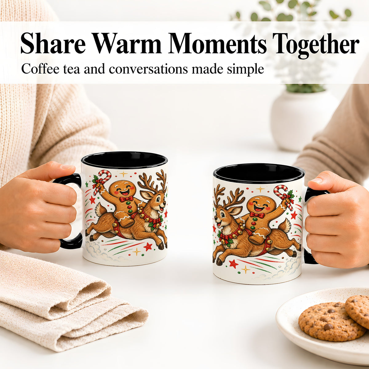 #pl[11oz|Black] Christmas Gingerbread Reindeer Ceramic Mug, Festive Holiday Art