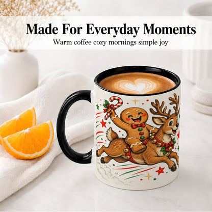 #pl[11oz|Black] Christmas Gingerbread Reindeer Ceramic Mug, Festive Holiday Art